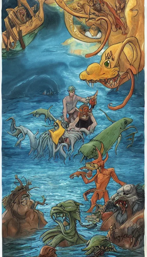 Prompt: man on boat crossing a body of water in hell with creatures in the water, sea of souls, by don bluth