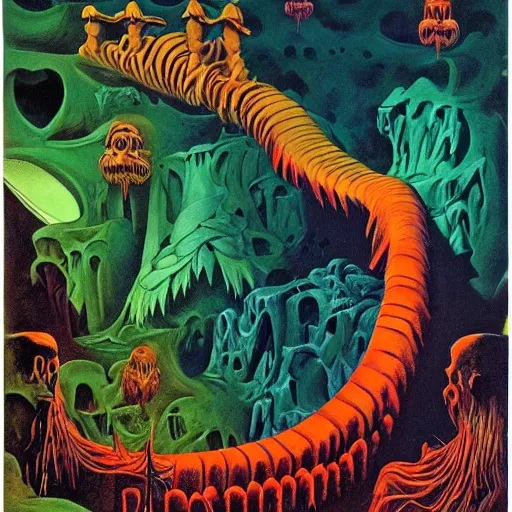 Image similar to new visions of hell, very detailed and colorful, by August Mobius, by Roger Dean, by M.C. Escher, beautiful, eerie, surreal, psychedelic