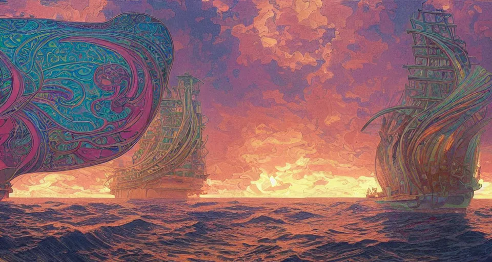 Prompt: terrifying psychedelic ⛈ ocean 🌊, giant 🚢 ship, paisley pattern, backlit, sunset, refracted lighting, outdoors, paisley pattern, elegant, 8 k resolution, intricate and fine details, digital painting, artstation, illustration, psychedelic ocean art, krenz cushart, alphonse mucha