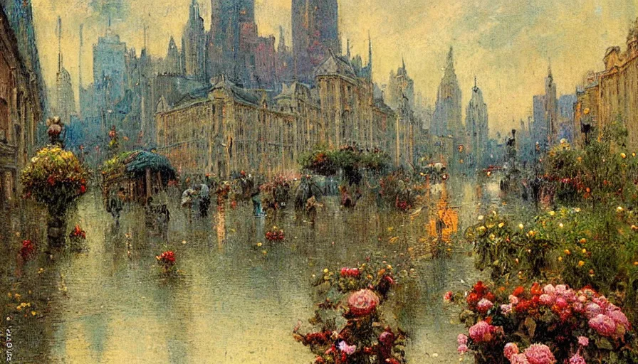 Image similar to city full of flowers, plant and trees, during heavy rain, in the style of Gaston Bussière, Art Nouveau