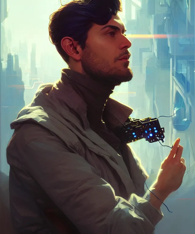 Image similar to Hacker man hacks computer, highly detailed, digital painting, artstation, concept art, smooth, sharp focus, illustration, art by artgerm and greg rutkowski and alphonse mucha