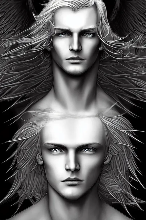 Image similar to digital art of a pale menacing male Cyborg Angel of Battle with fluffy blond curls of hair and piercing eyes, ascending to godhood blessed by the sun, bathed in scintillating radiance, johan liebert mixed with Dante, central composition, he commands the fiery power of resonance and wrath, very very long blond curly hair, fringe over forehead, Center parted bangs, forehead bangs parted in the middle, baroque curls, by WLOP, Artstation, CGsociety