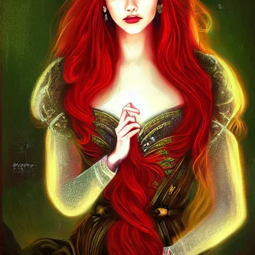 Image similar to Fantastic, fairytale, portrait, painting, beautiful!, female mage, long flowing red hair, light emitting from fingertips, ornate gown, smoldering, serious, royalty kingdom, royal court