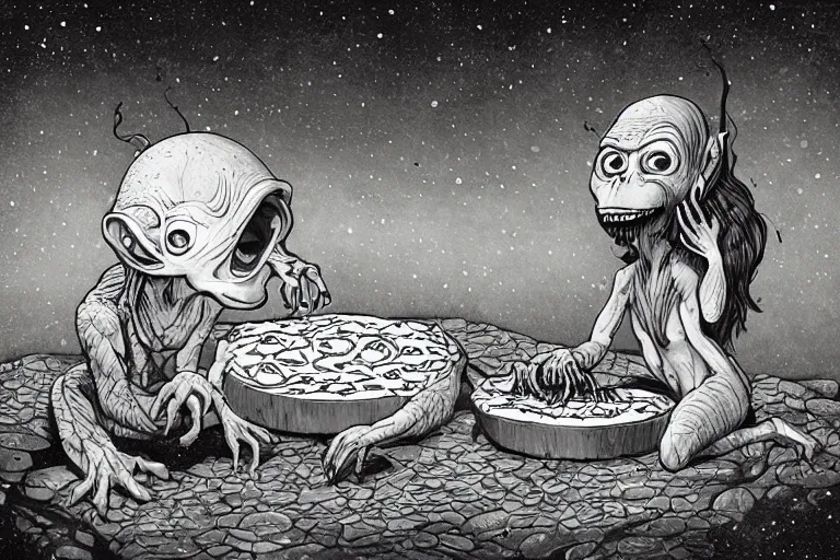 Image similar to a highly detailed gollum making pizza! in the winter, snow filled landscape, pizza oven burning in the background, black sky, post - apocalyptic vibe, full body, wide angle, an ultrafine detailed painting by joe fenton, trending on deviantart, pop surrealism, whimsical, lowbrow, perfect symmetrical face, sharp focus, octane, masterpiece