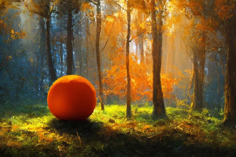 Image similar to An oil painting of an orange cube in a forest by Craig Mullins, dramatic lighting, realistic shadows, establishing shot, extremely high detail, artstation