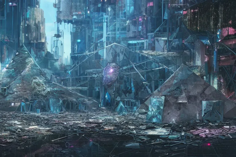 Image similar to a triangular portal structure made from crystals in the centre of an abandoned overgrown cyberpunk city, matte painting, unusual composition