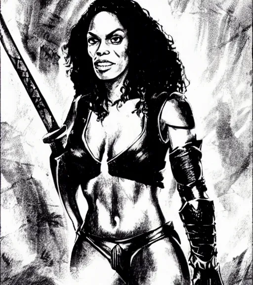 Image similar to 1 9 8 0 s fantasy novel book cover, rosario dawson in extremely tight bikini armor wielding a cartoonishly large sword, exaggerated body features, dark and smoky background, low quality print