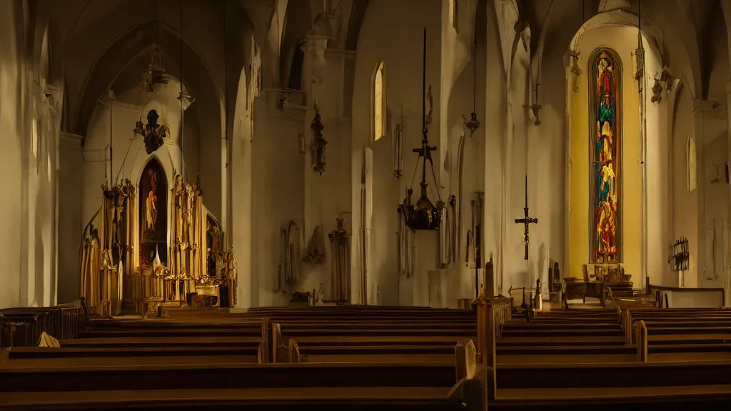 Image similar to the strange creature in church, made of wax and water, film still from the movie directed by Denis Villeneuve with art direction by Salvador Dalí, middle balanced, wide lens