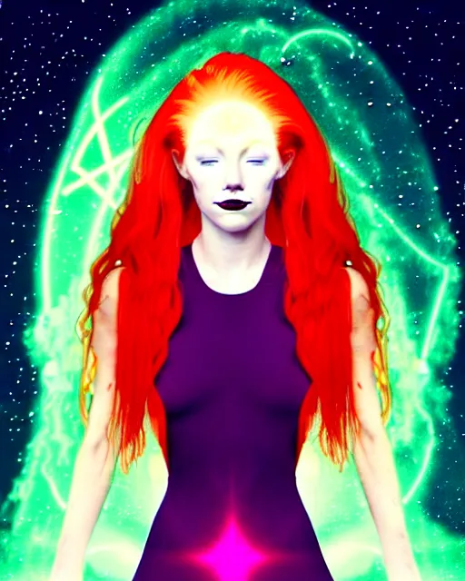 Image similar to tarot card of space astral girl, red hair, ginger hair, fantasy, glowing skin, smooth face, perfect eyes