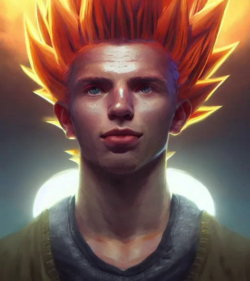 Image similar to highly detailed portrait of super saiyan cooper kupp football, unreal engine, fantasy art by greg rutkowski, loish, rhads, ferdinand knab, makoto shinkai and lois van baarle, ilya kuvshinov, rossdraws, tom bagshaw, global illumination, radiant light, detailed and intricate environment