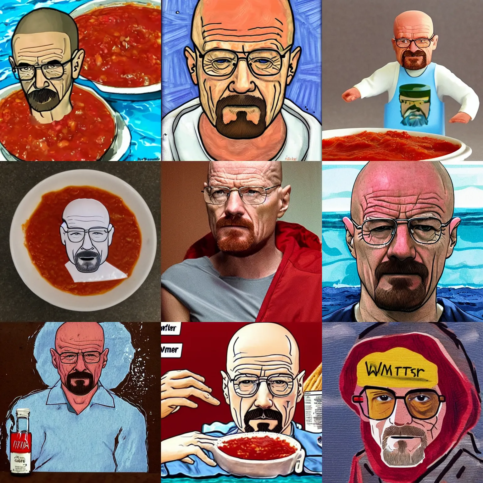 Prompt: walter white swimmin in marinara sauce