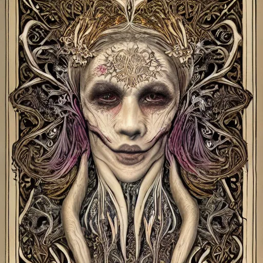 Image similar to a beautiful detailed front view portrait of a rotten woman corpse with fractal plants and fractal flowers and mushrooms growing around, symmetrical, ornate, ornamentation, illustration, in the style of art nouveau