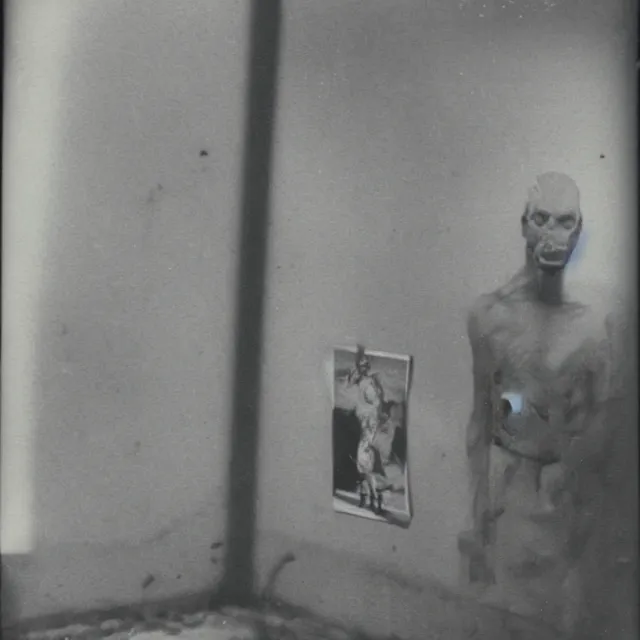 Prompt: found polaroid photo, flash, interior abandoned hospital, wired mutant creature standing