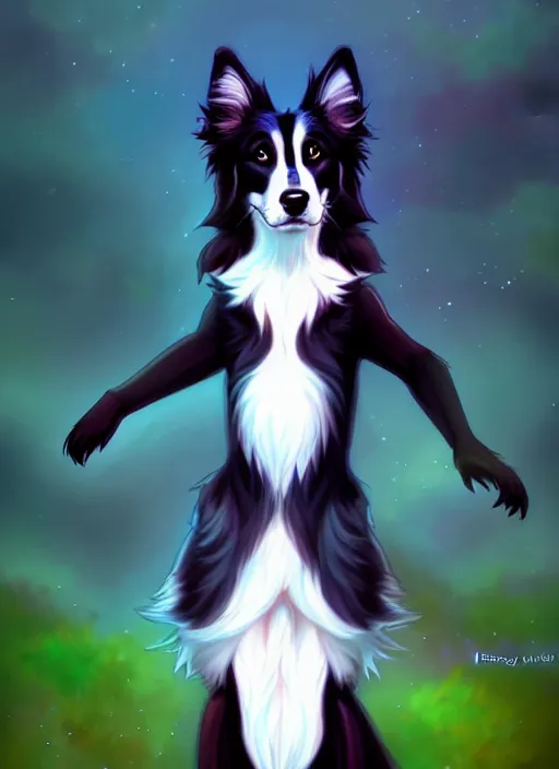 Prompt: wide angle beautiful full body portrait of a cute male bipedal border collie fursona posing in front of a park, character design by charlie bowater, henry asencio, and ross tran, furry art, furaffinity, beautiful, glamor pose, detailed, aesthetic, trending on artstation