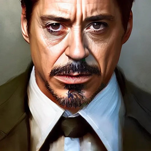 Image similar to hyper realistic portrait painting, beautifully rendered, robert downey jr. as luigi painted by greg rutkowski, wlop, artgerm, dishonored 2