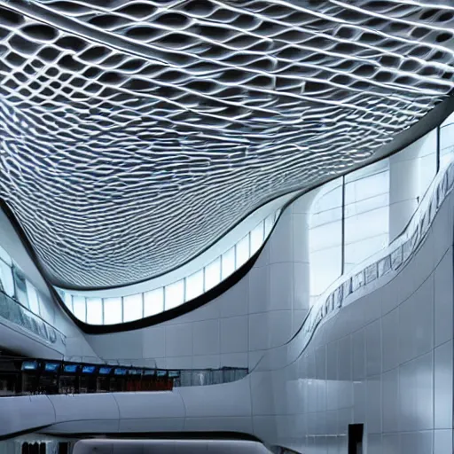 Image similar to stunning beautiful futuristic museum interior by Zaha Hadid, smooth curvilinear dragonfly wings pattern