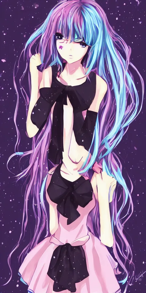 Image similar to a magical anime girl, dark colours, drawn by Yūpon,