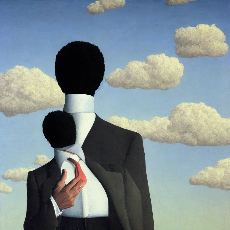 Image similar to portrait of a faceless shadow - head man with messy hair in a suit, clouds in the background, by rene magritte, detailed painting, distance, middle centered, hd, hq, high resolution, high detail, 4 k, 8 k