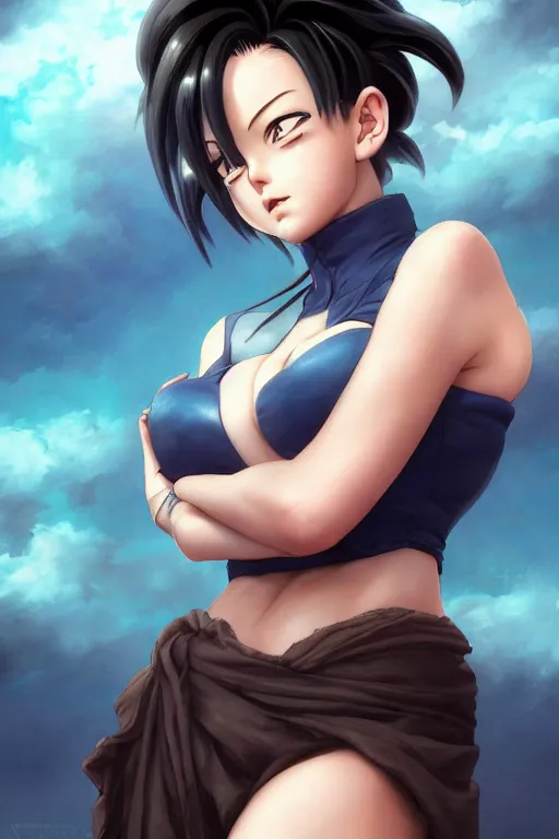 Prompt: seductive looking bulma!!! dragon ball, windy hair!, surreal dark fantasy, cinematic volumetric lights, full body portrait, dnd, intricate, elegant, highly detailed, digital painting, artstation, concept art, smooth, sharp focus, illustration, art by artgerm and tom bagshaw and greg rutkowski and alphonse mucha
