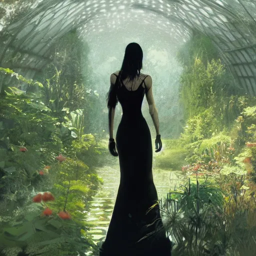 Image similar to a woman in a black dress standing in an elegant greenhouse garden, dramatic lighting, illustration by greg rutkowski, yoji shinkawa, 4 k, digital art, concept art, trending on artstation