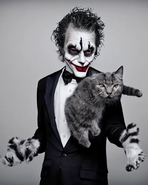 Image similar to Mauricio Macri in Elaborate Cat Makeup and prosthetics designed by Rick Baker, Hyperreal, Head Shots Photographed in the Style of Annie Leibovitz, Studio Lighting, Mauricio Macri as the Joker