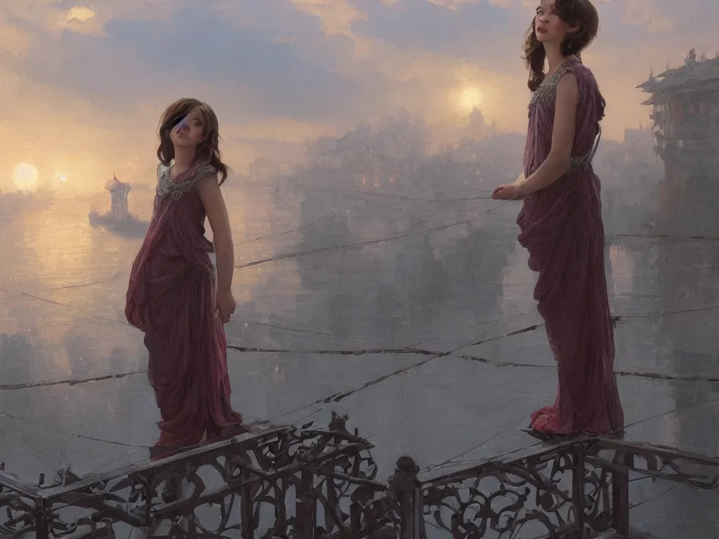 Image similar to a beautiful painting of a girl resembling millie bobby brown standing on a bridge, watching the view from the river of the lantern festival in a an ancient italian town, at night with a sky full of stars, intricate, elegant, highly detailed, digital painting, artstation, concept art, by krenz cushart and artem demura and alphonse mucha