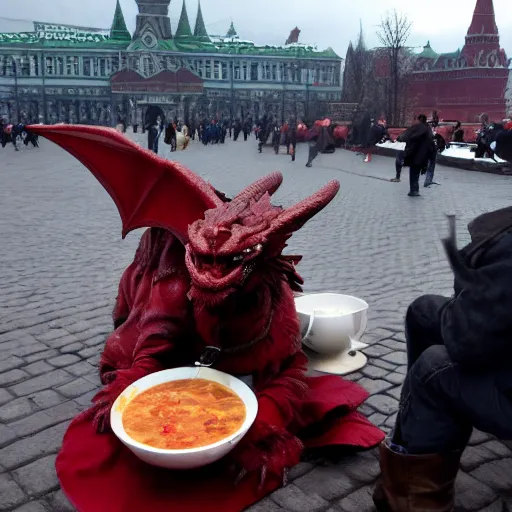 Image similar to Dragon from Skyrim eating russian borsch soup on the Red Square,