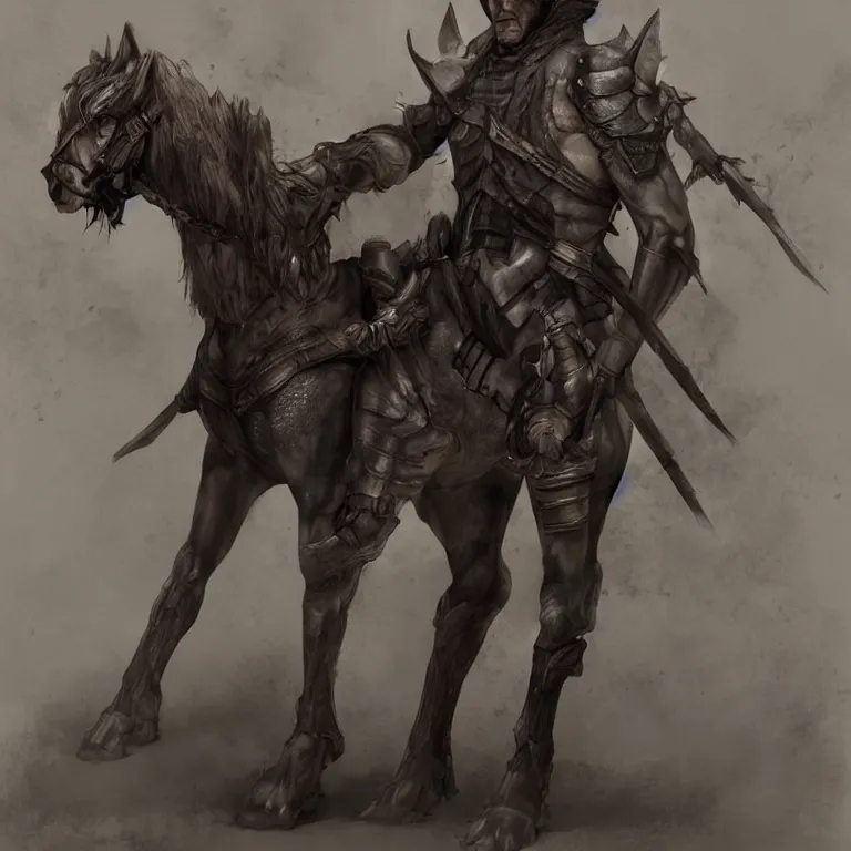 Image similar to the pure male half - centaur armorer haunted by dark memories. his wardrobe is utilitarian. he appears human - yet his shadow is always that of his non - human parent's species. trending on artstation deviantart pinterest photorealistic hd 8 k highlights and shadow detailed high resolution