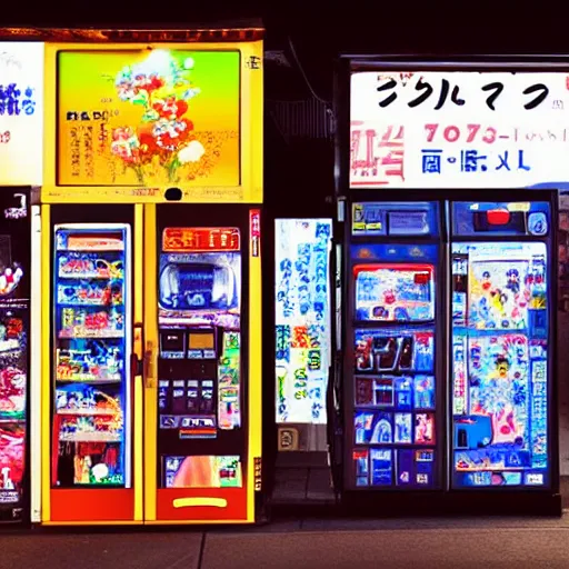 Image similar to a beautiful picture of japanese vending machines in a little tokyo street by night, trending on artstation