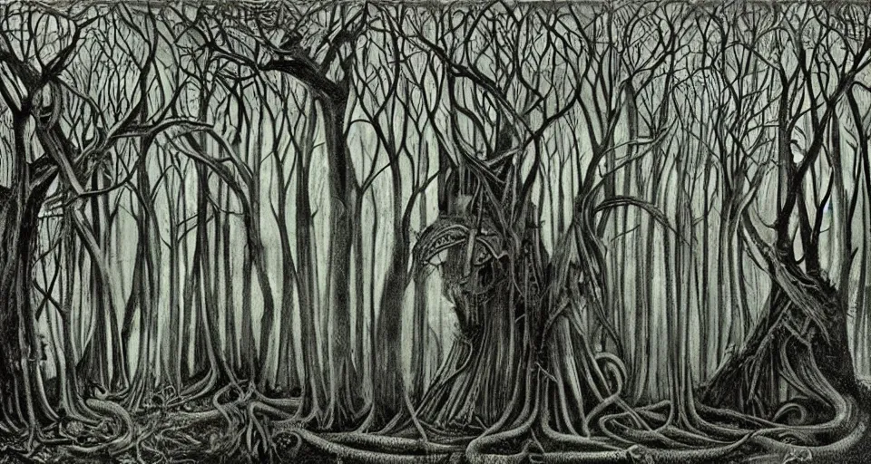 Image similar to Enchanted and magic forest, by HR Giger