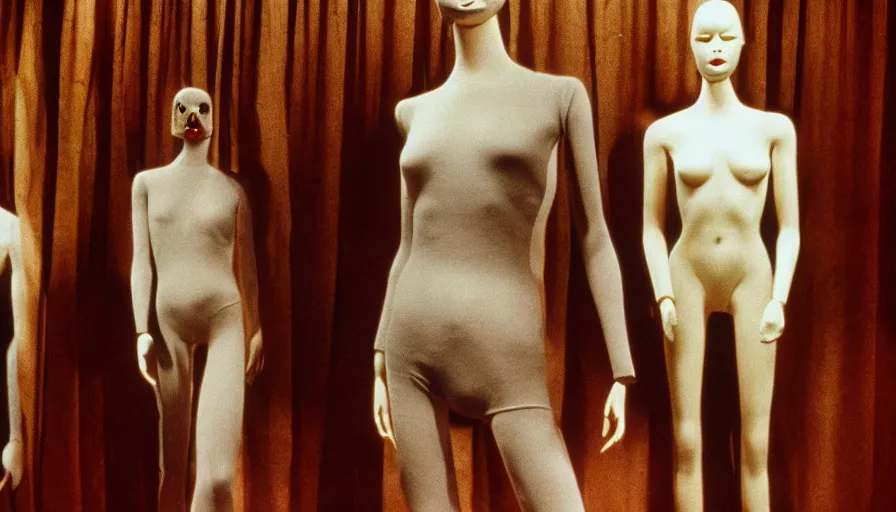 Image similar to 7 0 s film still from a horror movie about mannequins come to life, kodachrome, cinecolor, cinestill, film grain, film texture, retro, cinematic, high resolution, photorealism,