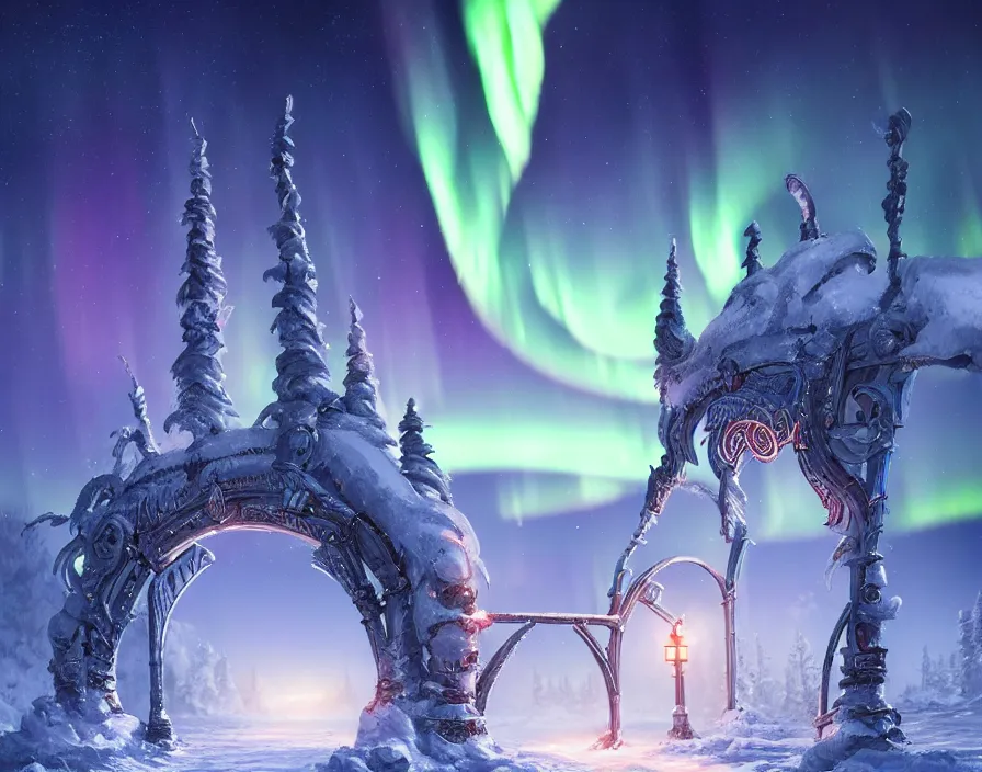 Image similar to a very detailed concept art of intricate and well designed eldar gates to north pole, infused with aurora borealis, dynamic lighting, trending on artstation, path traced, highly detailed, high quality, digital painting, digital art, 4 k, hyper realistic, octane render, sharp focus