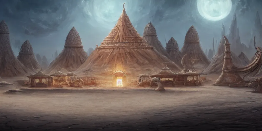 Prompt: a temple city surrounded by white sand desert dunes, matte oil painting, chrome cathedrals, retrofuturistic, concept art, science fantasy, mutant, rpg, epic, rust, salt, jungle, dungeons & dragons, sharp focus, award - winning, extremely detailed, 4 k, 8 k