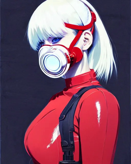Image similar to white haired cyborg girl wearing a gas mask and red dress | | audrey plaza, fine detail!! anime!! realistic shaded lighting!! poster by ilya kuvshinov katsuhiro otomo ghost - in - the - shell, magali villeneuve, artgerm, jeremy lipkin and michael garmash and rob rey
