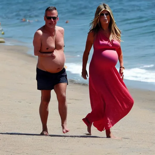 Prompt: Pregnant Jennifer Aniston walking on the beach, paparazzi photograph