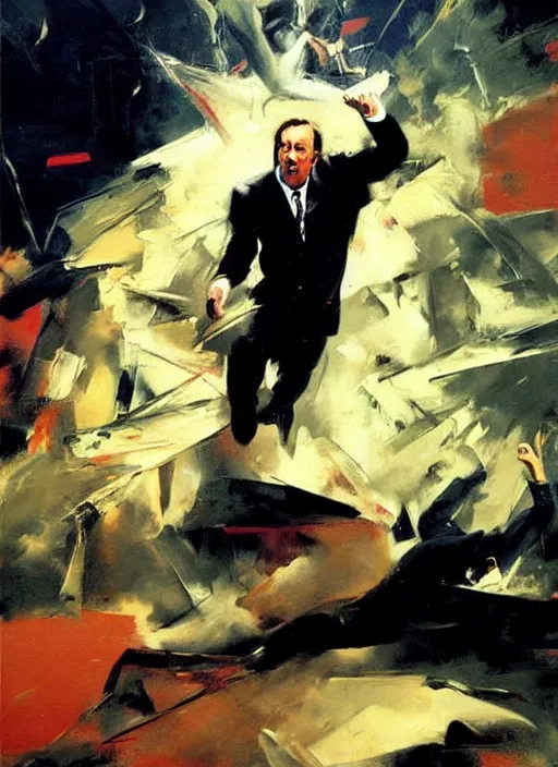 Image similar to slipping, saul goodman, screaming, slipping and flying, falling, flailing painting by phil hale, fransico goya,'action lines '!!!, graphic style, visible brushstrokes, motion blur, blurry