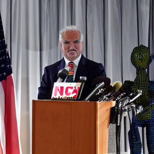 Image similar to marionette president in a podium giving a press conference