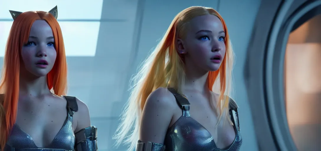 Image similar to a young woman who is a mix of dove cameron and madison beer and milla jovovich and jennifer lawrence stars as leeloo in the 2 0 2 4 remake of the 5 th element, cinematic still, promotional photo, 8 k hdr, dramatic pose