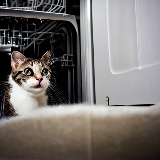 Image similar to cat behind dishwasher, higly detailed, great bokeh