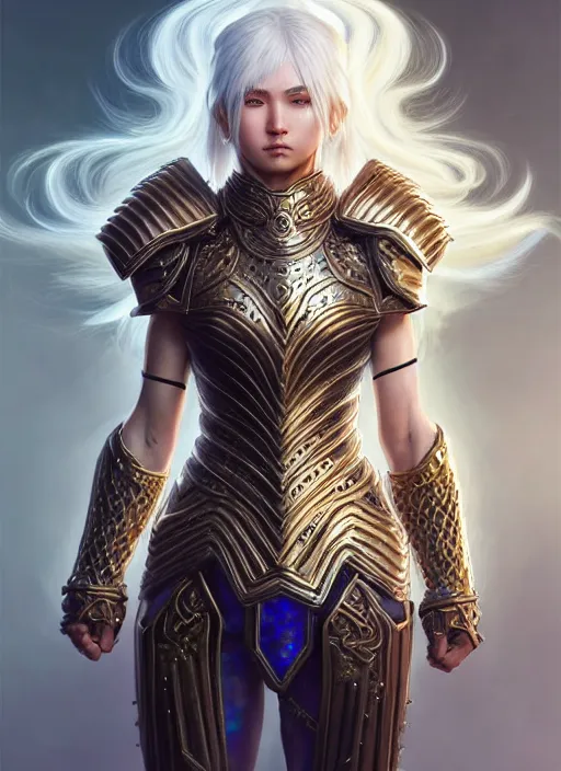Prompt: warrior, intricate ornate opal heavy armor!!! beautiful and athletic white hair female!! gorgeous face and eyes!! character concept art, sharp focus, octane render! unreal engine 5! highly rendered!! trending on artstation!! detailed linework!! illustration by artgerm, wlop, and chie yoshii