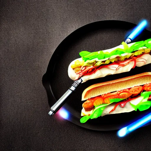 Prompt: an extremely high quality photo of a surreal neon-lightsaber-sandwich, ((sandwich)) creation, a hybrid mixture of lightsabersandwich filled with lightsaber neons and sandwichlightsaberneontube-tomatos, neon tubesauce drizzled, drooping lightsaber lettuce, glowing sandwich, radioactive sandwich, promotional photo, 4k polymer clay food photography