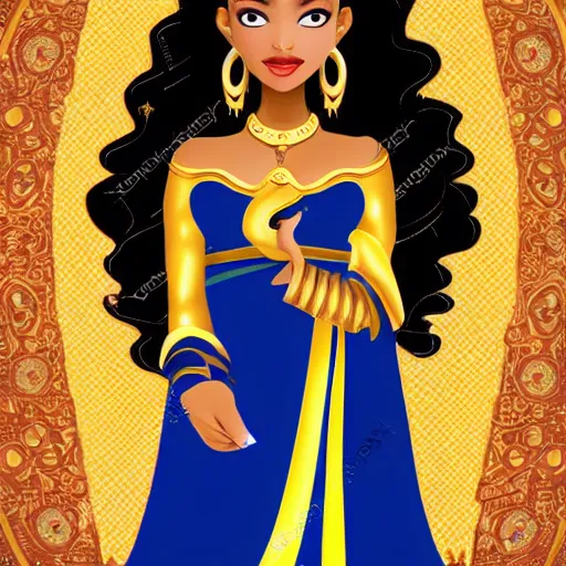 Prompt: aesthetic!!!!!! Female genie in Arabic clothing, black skin, long black hair, gold tint, frontal pose, super resolution, graphex camera!!!!!!!!!!!! Full-length view,