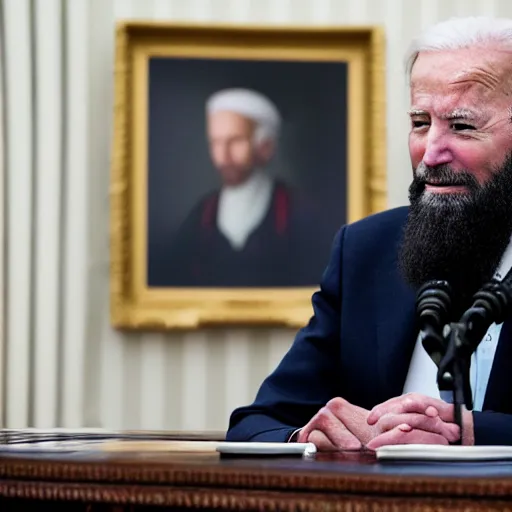 Prompt: 4 k portrait sony a 7 f 2. 8 of president joe biden as a muslim terrorist taliban leader in the oval office