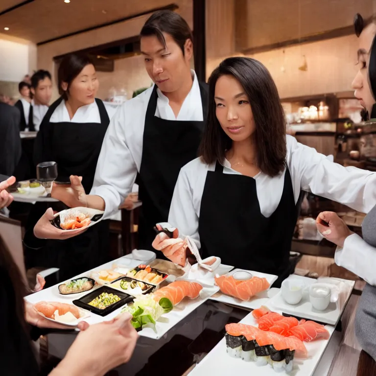 Prompt: a woman asking a waiter for a sushi inside of a luxurious 5 star sushi restaurant, theres a line of people in the womans back waiting for an order too