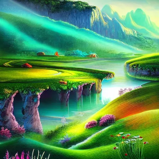 Prompt: A beautiful digital art of of a landscape. It is a stylized and colorful view of an idyllic, dreamlike world with rolling hills, peaceful looking animals, and a flowing river. The scene looks like it could be from another planet, or perhaps a fairy tale. mint, airbrush by Mandy Disher exciting