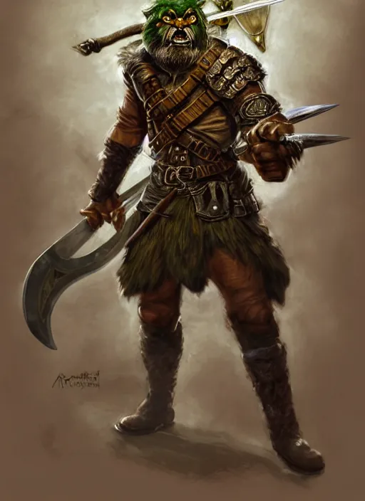 Image similar to strong young man, photorealistic bugbear ranger holding a flaming sword, black beard, dungeons and dragons, pathfinder, roleplaying game art, hunters gear, jeweled ornate leather and steel armour, concept art, character design on white background, by alan lee, norman rockwell, makoto shinkai, kim jung giu, poster art, colours red and green