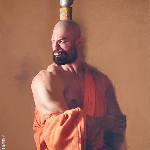 Prompt: cow bodybuilder wearing a monk robes holding incense burner. natural lighting by ruan jia, portrait