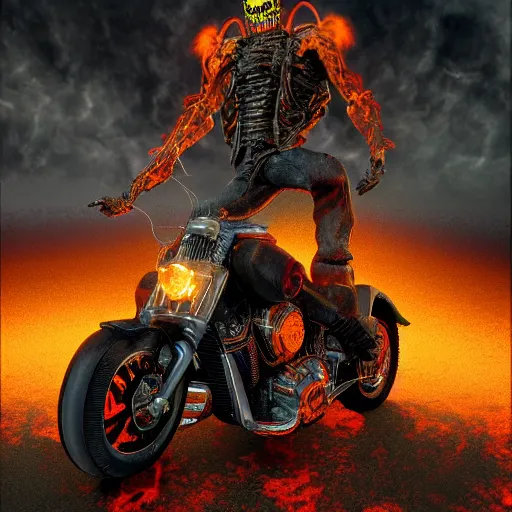 Prompt: highway to hell ghost rider in the style of doom eternal, wayne barlow, hyper detailed 3 d render like an oil painting, algorithmic generative render