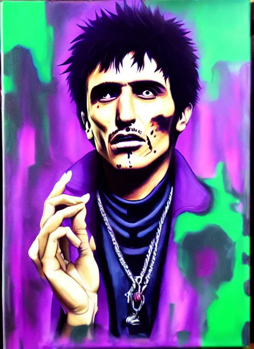 Image similar to photorealistic glamour necro science acrylic painting of tony montana in a style of cyberpunk delivery club, in salvia divinorum, made in abyss