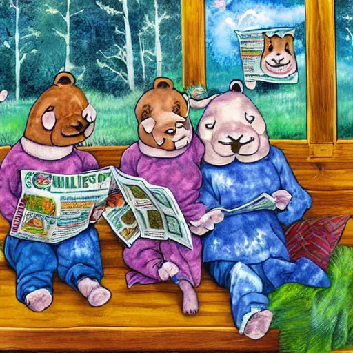 Image similar to 3 bears in tie dye shirts reading newspapers in a cottage, highly detailed, childrens fairy tale, portrait painting, illustration by scott gustafson